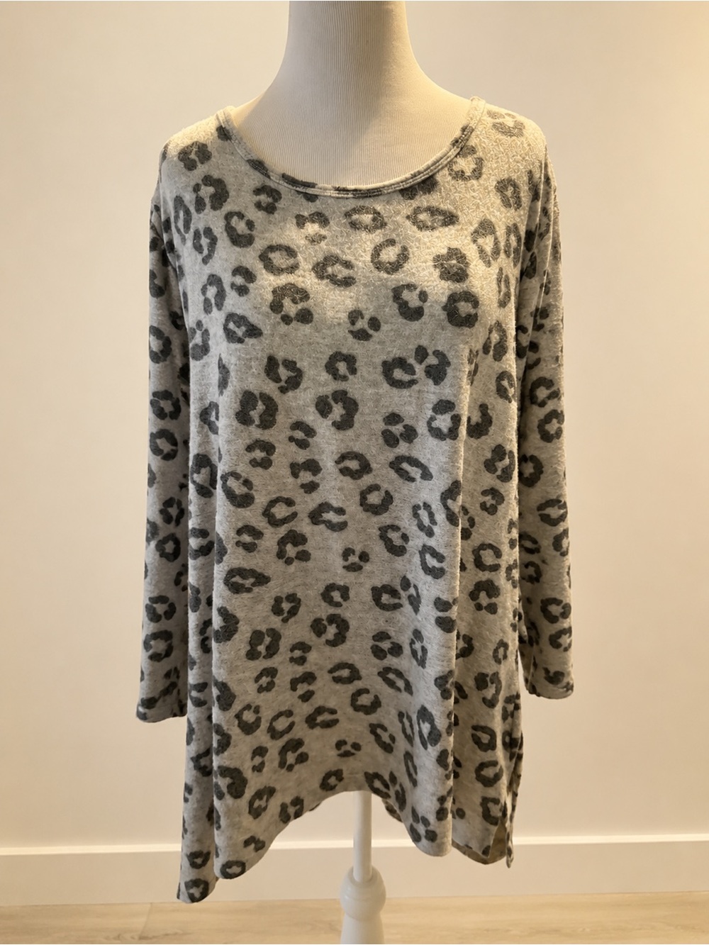 Soft and cozy gray leopard-print tunic top by StitchWorks Los Angeles.